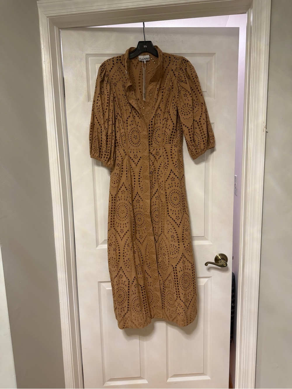Ganni Tan Broderie Anglaise Midi Dress with Puff Sleeves - Picture 6 of 9
